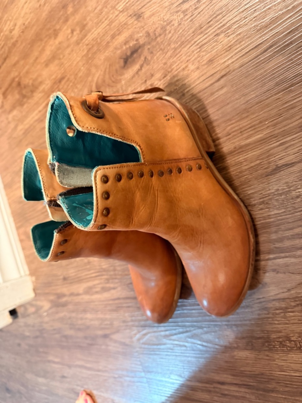 ROAN Tan Leather Ankle Boots with Teal Interior
